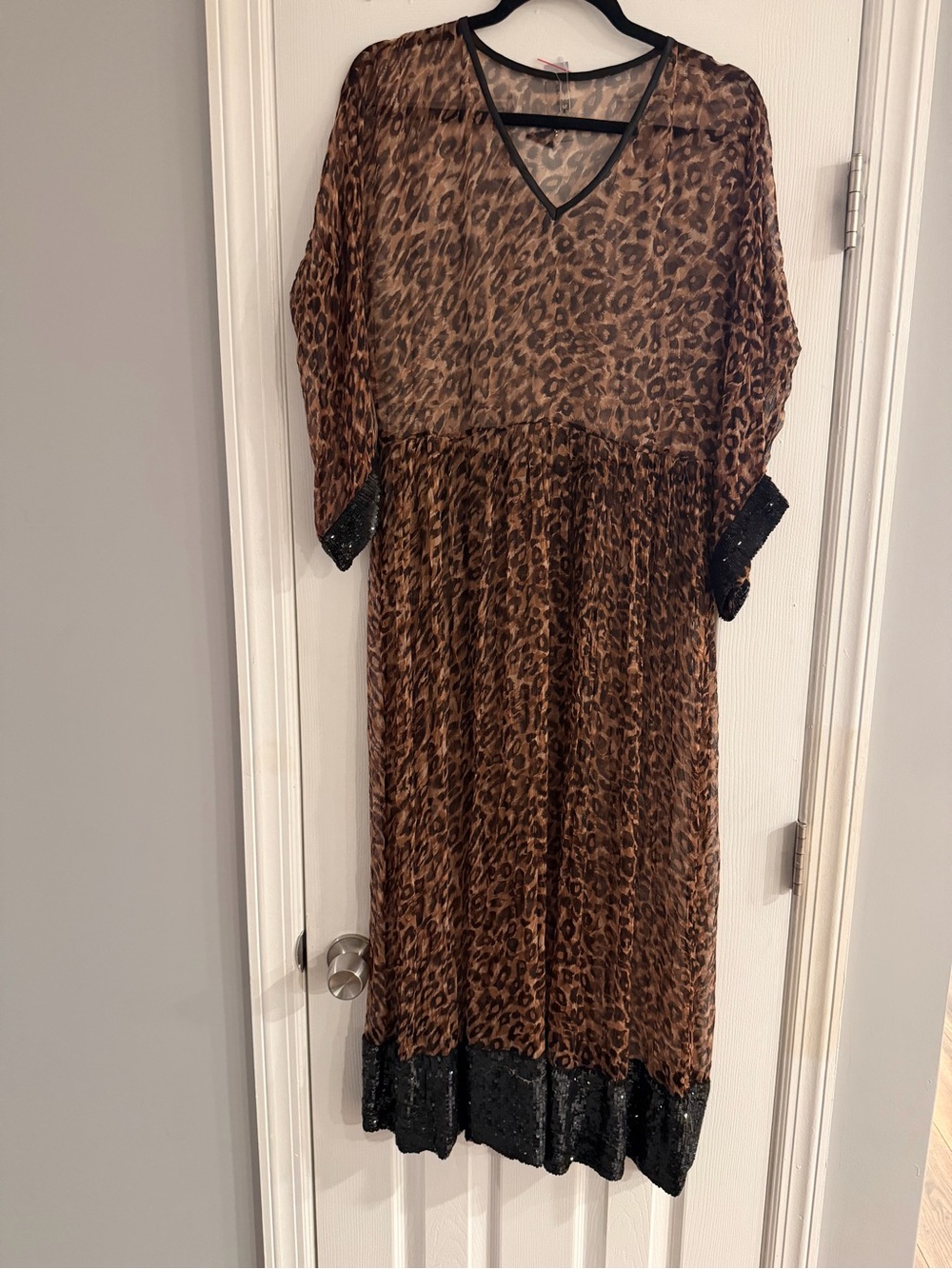 Deepa Gurnani Leopard Print Sequin Maxi Dress Kaftan Y2K Sheer Brown Black